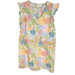 C&C California Women's 100% Linen Tropical Shift Dress Flutter Sleeve Size L NWT